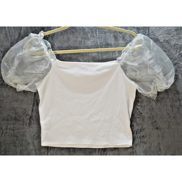 Big Water Blue Sky White Ribbed Puff Sleeve Mesh Crop Top Women’s Size Large - Picture 6 of 6